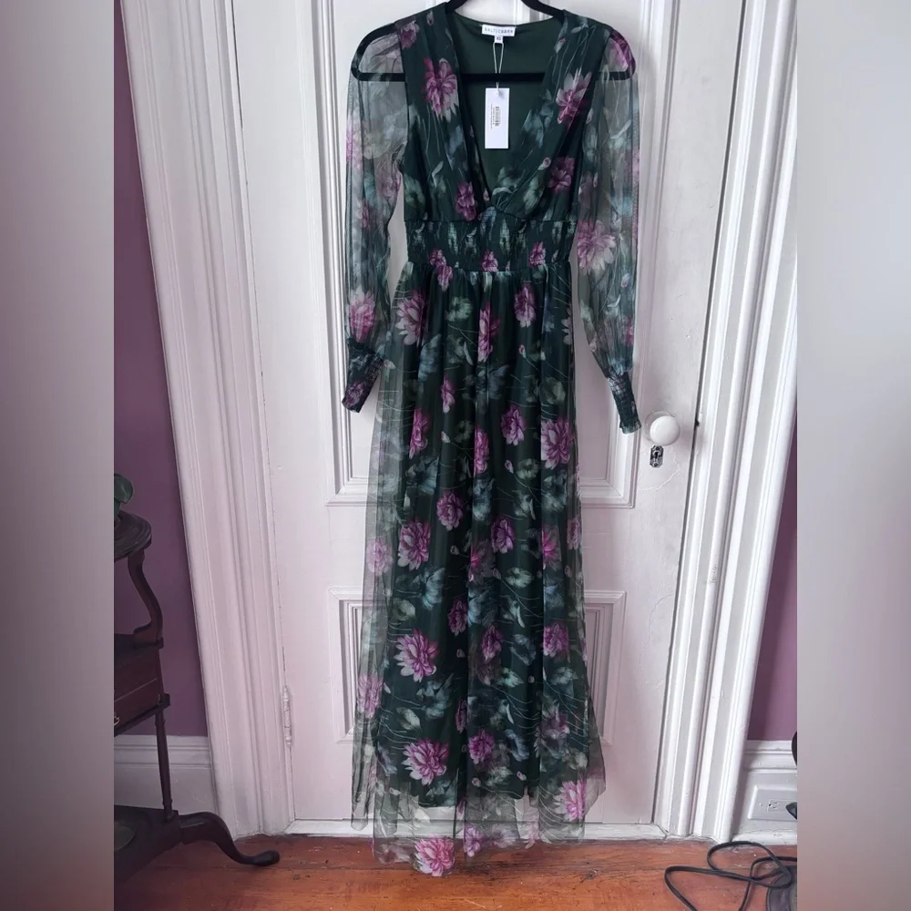Baltic Born NWT Layla Tulle Maxi Dress Dark Floral Green 3 Layers - Picture 2 of 16